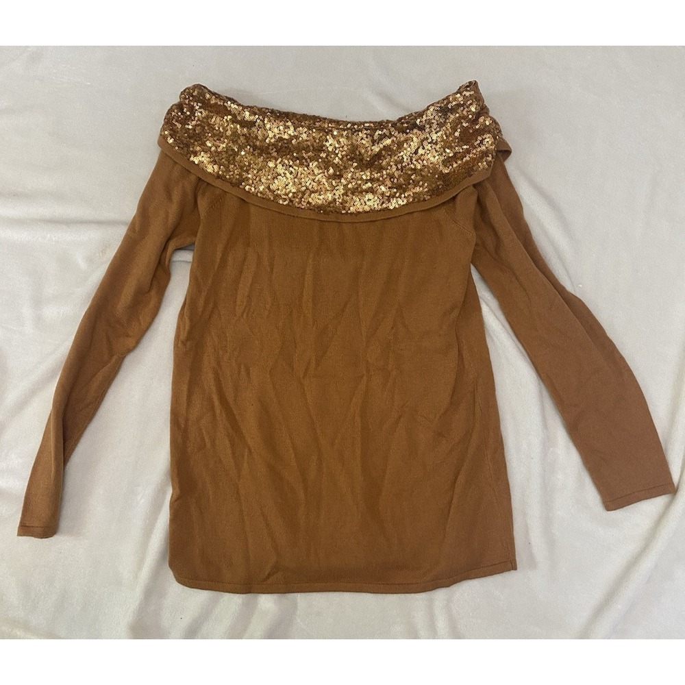 Soft Surroundings Gold Sequin‎ Off Shoulder Sweater Top Sz Small